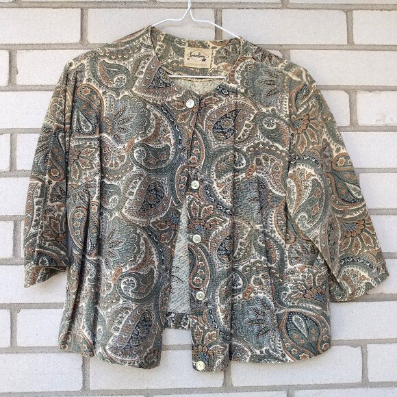 Vintage 60s Bolero Jacket Dress Topper 41"B Paisley Brown Green London Lassie - Picture 1 of 16